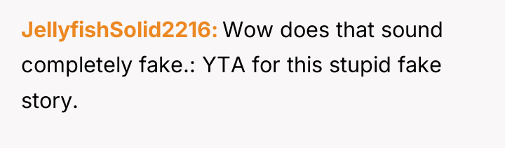 JellyfishSolid2216 Wow does that sound completely fake.: YTA for this...