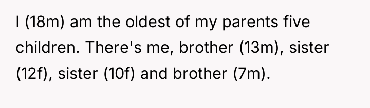 I (18m) am the oldest of my parents five children....