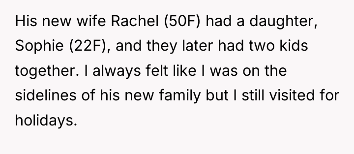 His new wife Rachel (50F) had a daughter, Sophie (22F),...