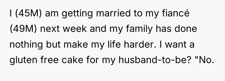 I (45M) am getting married to my fiancé (49M) next...