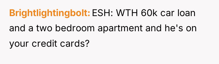 Brightlightingbolt ESH: WTH 60k car loan and a two bedroom...