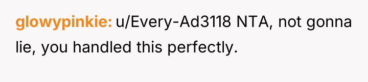 glowypinkie u/Every-Ad3118 NTA, not gonna lie, you handled this perfectly.