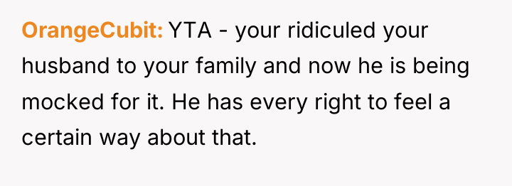 OrangeCubit YTA - your ridiculed your husband to your family...
