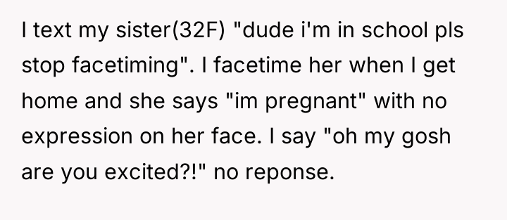 I text my sister(32F) "dude i'm in school pls stop...