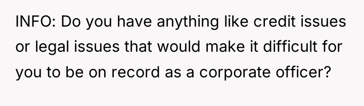 INFO: Do you have anything like credit issues or legal...