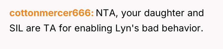 cottonmercer666 NTA, your daughter and SIL are TA for enabling...
