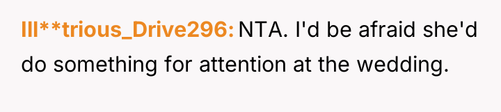 Ill**trious_Drive296 NTA. I'd be afraid she'd do something for attention...