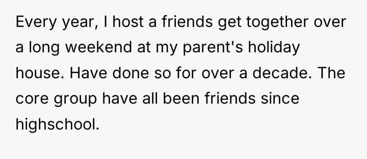 Every year, I host a friends get together over a...