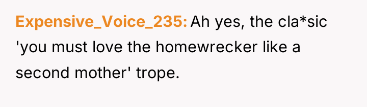 Expensive_Voice_235 Ah yes, the cla*sic 'you must love the homewrecker...