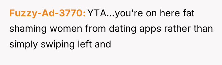 Fuzzy-Ad-3770 YTA...you're on here fat shaming women from dating apps...