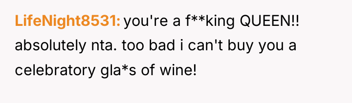 LifeNight8531 you're a f**king QUEEN!! absolutely nta. too bad i...