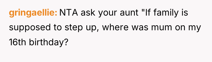 gringaellie NTA ask your aunt "If family is supposed to...