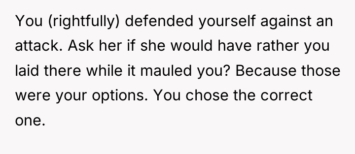 You (rightfully) defended yourself against an attack. Ask her if...