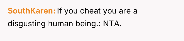 SouthKaren If you cheat you are a disgusting human being.:...