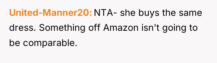 United-Manner20 NTA- she buys the same dress. Something off Amazon...