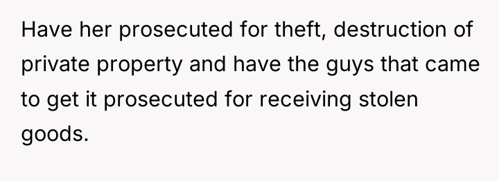 Have her prosecuted for theft, destruction of private property and...