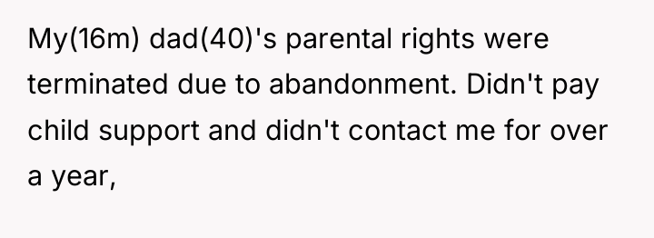 My(16m) dad(40)'s parental rights were terminated due to abandonment. Didn't...