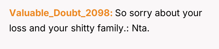 Valuable_Doubt_2098 So sorry about your loss and your shitty family.:...