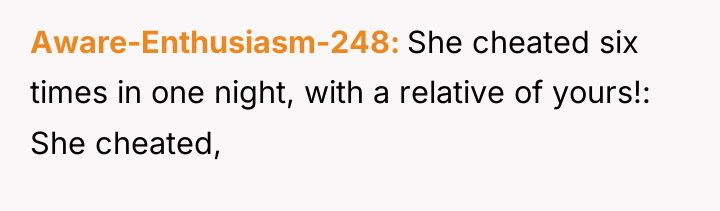 Aware-Enthusiasm-248 She cheated six times in one night, with a...