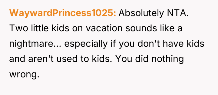 WaywardPrincess1025 Absolutely NTA. Two little kids on vacation sounds like...