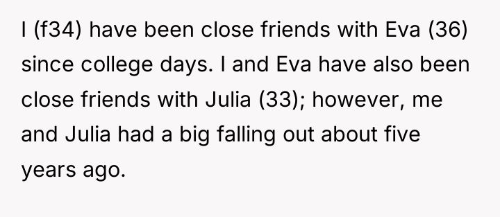 I (f34) have been close friends with Eva (36) since...