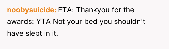 noobysuicide ETA: Thankyou for the awards: YTA Not your bed...