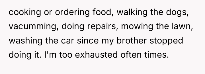 cooking or ordering food, walking the dogs, vacumming, doing repairs,...