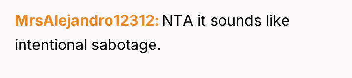 MrsAlejandro12312 NTA it sounds like intentional sabotage.