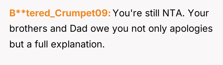 B**tered_Crumpet09 You're still NTA. Your brothers and Dad owe you...