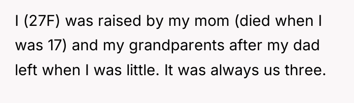 I (27F) was raised by my mom (died when I...