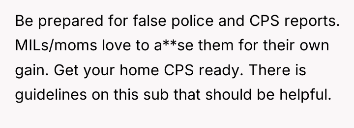 Be prepared for false police and CPS reports. MILs/moms love...