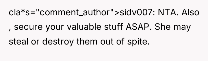 cla*s="comment_author">sidv007: NTA. Also , secure your valuable stuff ASAP. She...