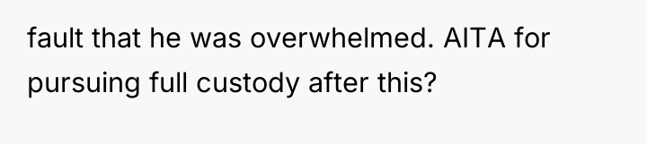 fault that he was overwhelmed. AITA for pursuing full custody...