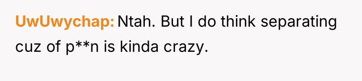 UwUwychap Ntah. But I do think separating cuz of p**n...