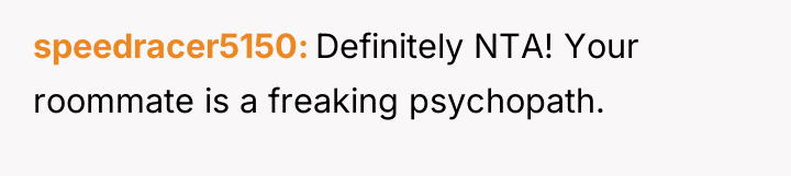 speedracer5150 Definitely NTA! Your roommate is a freaking psychopath.