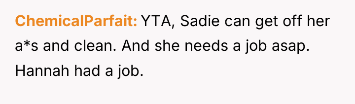 ChemicalParfait YTA, Sadie can get off her a*s and clean....
