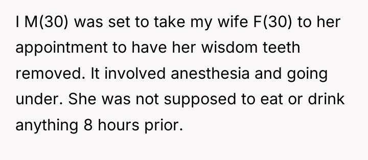 I M(30) was set to take my wife F(30) to...