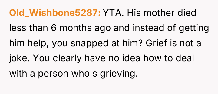 Old_Wishbone5287 YTA. His mother died less than 6 months ago...