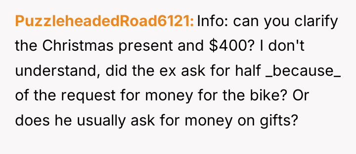PuzzleheadedRoad6121 Info: can you clarify the Christmas present and $400?...