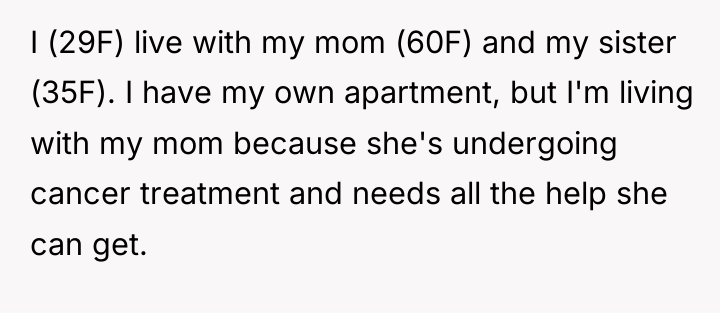 I (29F) live with my mom (60F) and my sister...