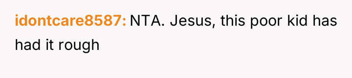 idontcare8587 NTA. Jesus, this poor kid has had it rough