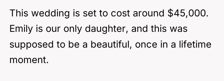 This wedding is set to cost around $45,000. Emily is...
