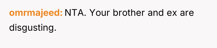 omrmajeed NTA. Your brother and ex are disgusting.
