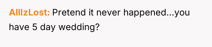 AllIzLost Pretend it never happened...you have 5 day wedding?