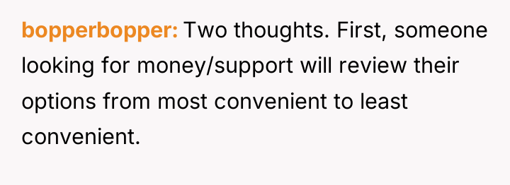 bopperbopper Two thoughts. First, someone looking for money/support will review...