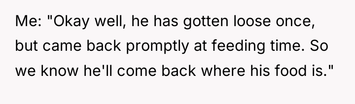 Me: "Okay well, he has gotten loose once, but came...