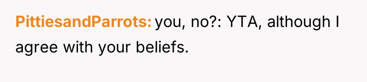 PittiesandParrots you, no?: YTA, although I agree with your beliefs.