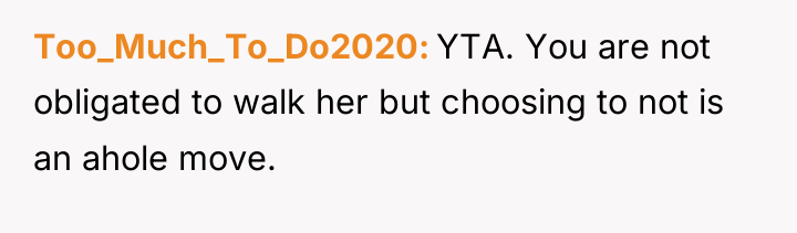 Too_Much_To_Do2020 YTA. You are not obligated to walk her but...