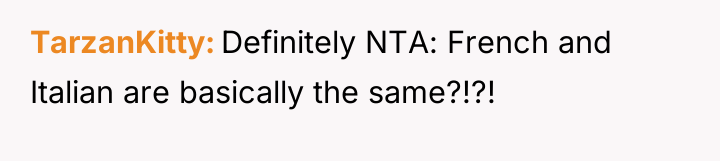 TarzanKitty Definitely NTA: French and Italian are basically the same?!?!