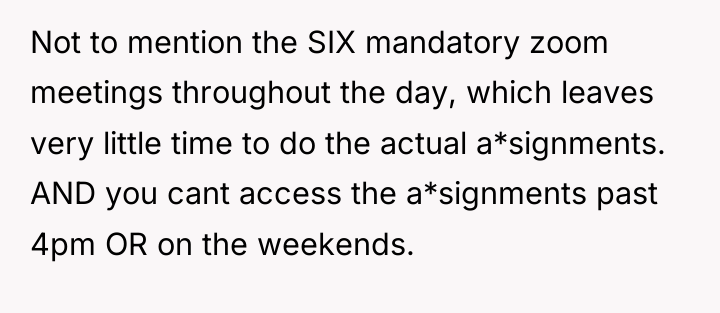 Not to mention the SIX mandatory zoom meetings throughout the...